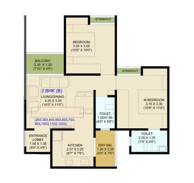 Floor plan of 2 BHK 658 Sq. Ft. Apartment in DR Destination 24 Avenue, Pune