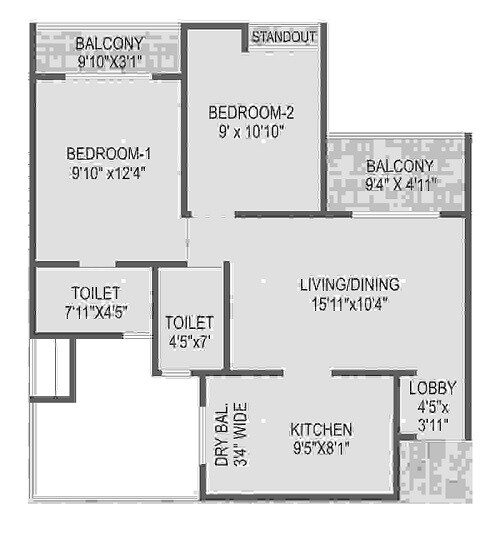 Floor plan of 2 BHK 683 Sq. Ft. Apartment in DR Gavhane Destination Mangalam Marvel, Pune