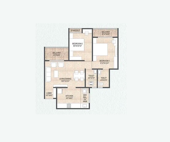 Floor plan of 2 BHK 708 Sq. Ft. Apartment in DR Gavhane Destination Mangalam Marvel, Pune