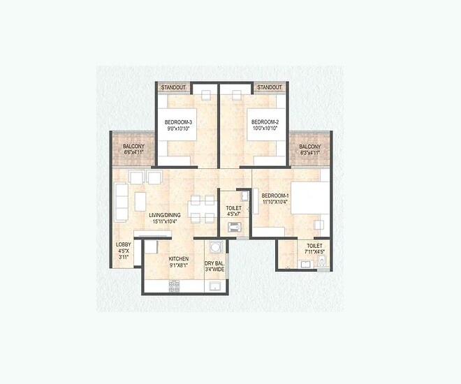 Floor plan of 3 BHK 829 Sq. Ft. Apartment in DR Gavhane Destination Mangalam Marvel, Pune