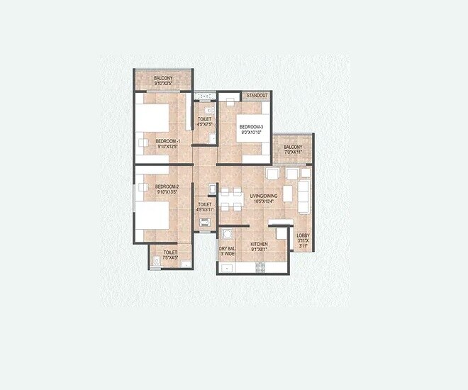 Floor plan of 3 BHK 897 Sq. Ft. Apartment in DR Gavhane Destination Mangalam Marvel, Pune