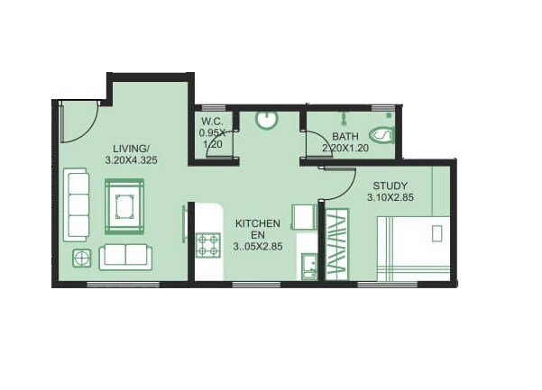 Floor plan of 1 BHK 388 Sq. Ft. Apartment in DR Gavhane Ishanya, Pune
