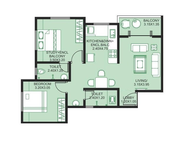 Floor plan of 2 BHK 429 Sq. Ft. Apartment in DR Gavhane Ishanya, Pune