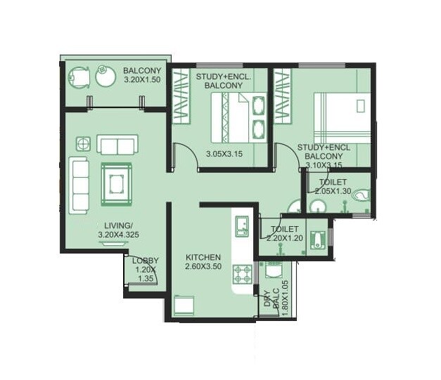 Floor plan of 2 BHK 629 Sq. Ft. Apartment in DR Gavhane Ishanya, Pune