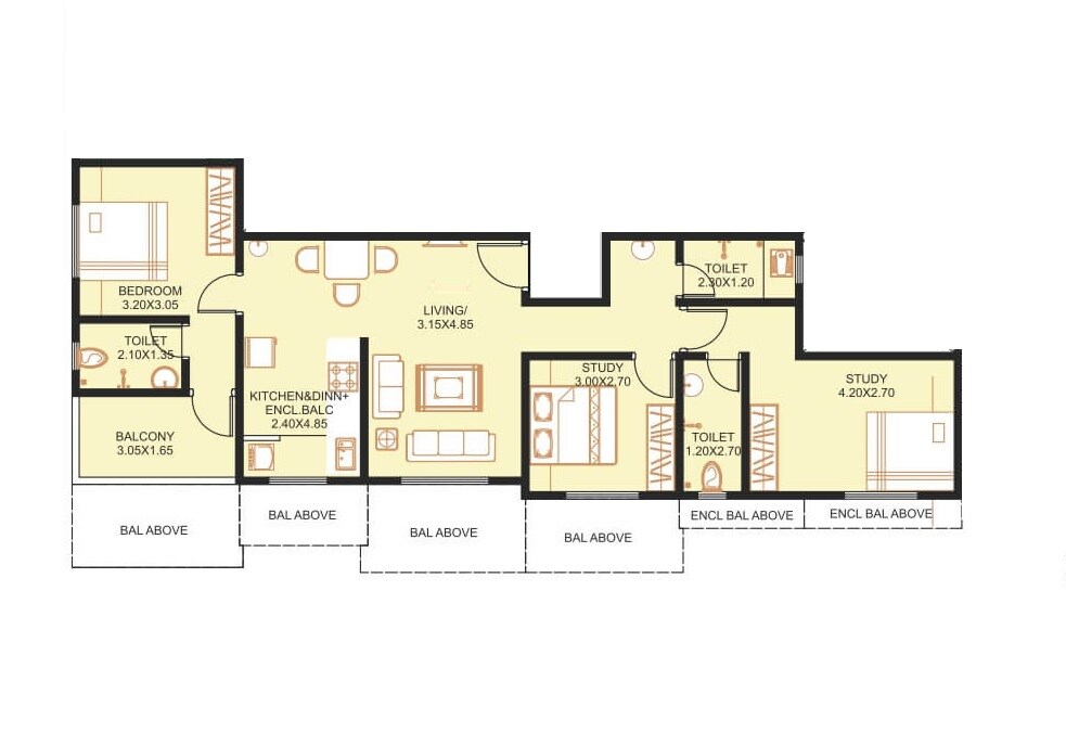 Floor plan of 3 BHK 960 Sq. Ft. Apartment in DR Gavhane Ishanya, Pune