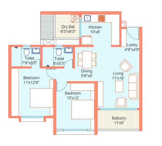 Floor plan of 2 BHK 825 Sq. Ft. Apartment in Dream Delmont, Pune