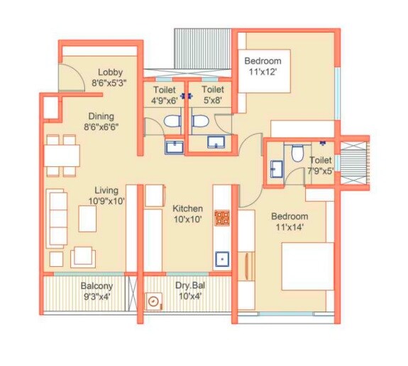Floor plan of 2 BHK 940 Sq. Ft. Apartment in Dream Delmont, Pune