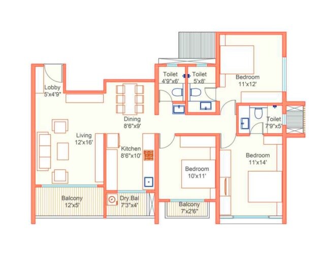 Floor plan of 3 BHK 1110 Sq. Ft. Apartment in Dream Delmont, Pune