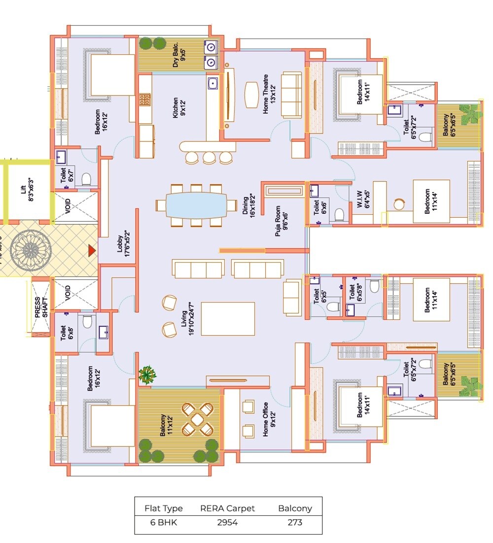 Floor plan of 6 BHK 3227 Sq. Ft. Apartment in Dream Elegance, Pune