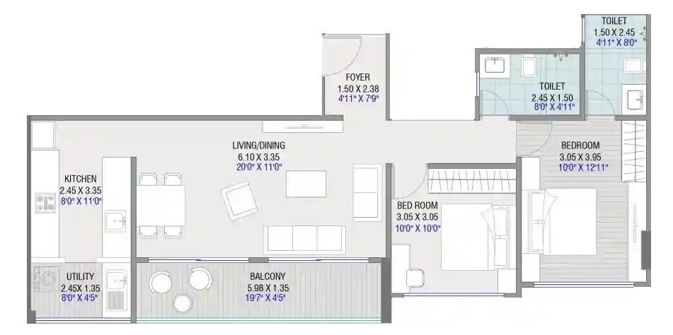 Floor plan of 2 BHK 869 Sq. Ft. Apartment in Dream Glorious, Pune