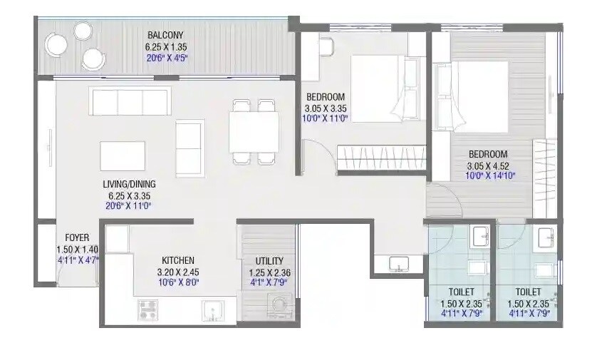 Floor plan of 2 BHK 811 Sq. Ft. Apartment in Dream Glorious, Pune