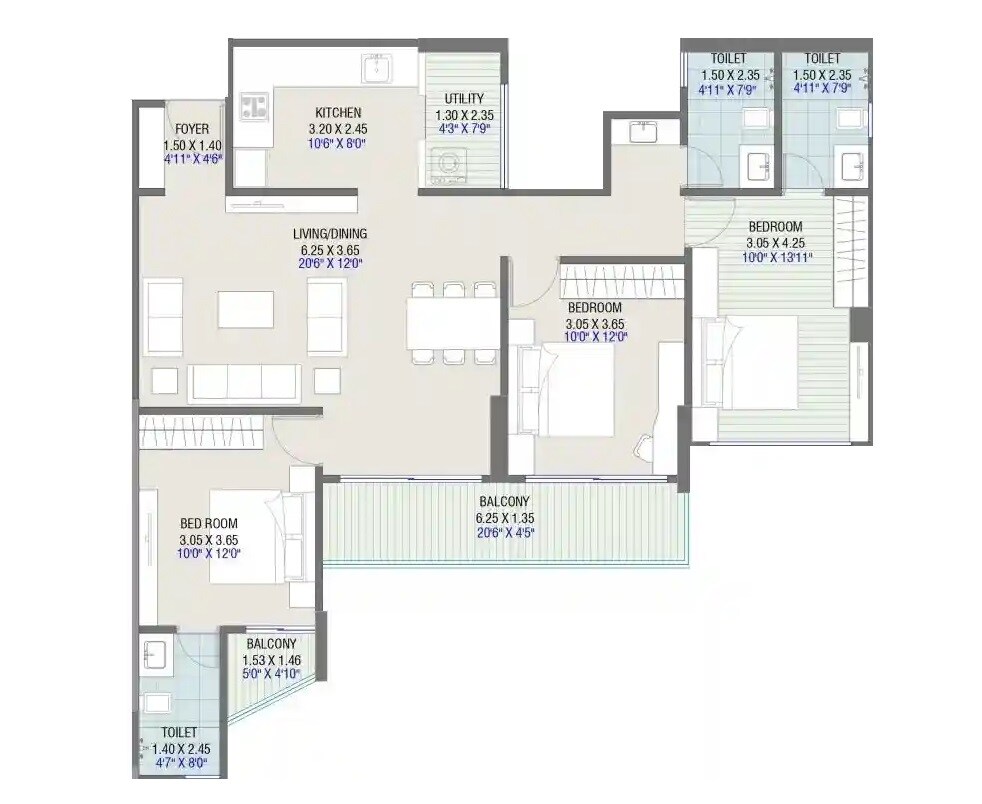 Floor plan of 3 BHK 1139 Sq. Ft. Apartment in Dream Glorious, Pune