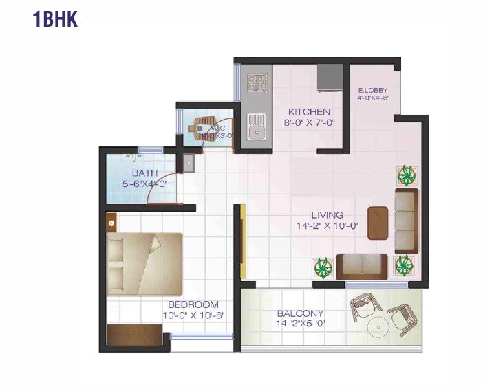 Floor plan of 1 BHK 450 Sq. Ft. Apartment in Dream Home, Pune