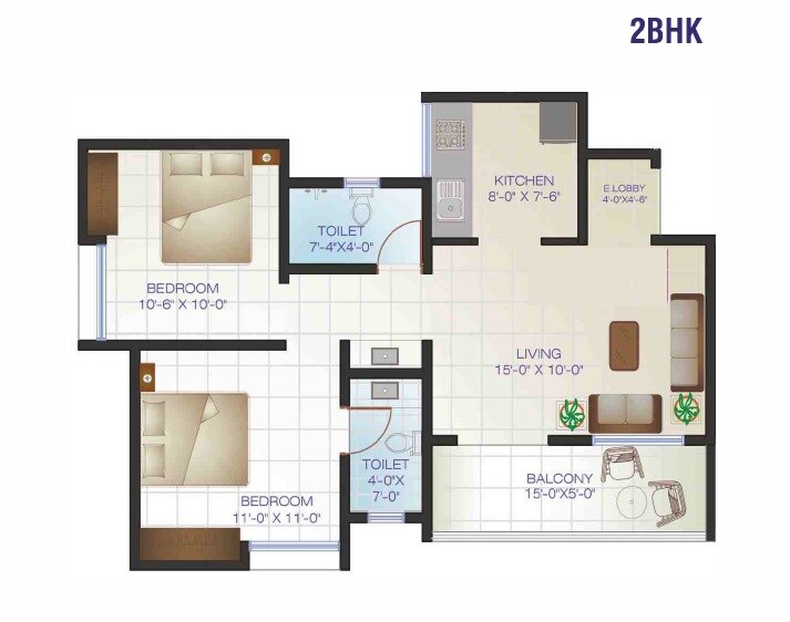 Floor plan of 2 BHK 608 Sq. Ft. Apartment in Dream Home, Pune