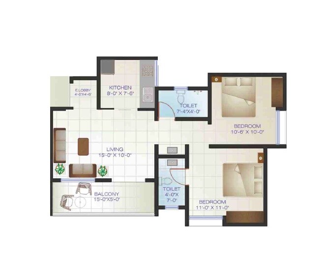 Floor plan of 2 BHK 568 Sq. Ft. Apartment in Dream Home, Pune