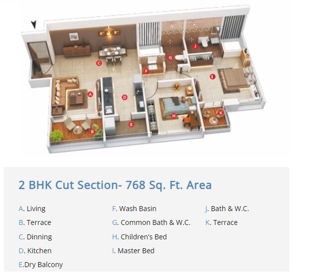 Floor plan of 2 BHK 768 Sq. Ft. Apartment in Dream Metropark County, Pune