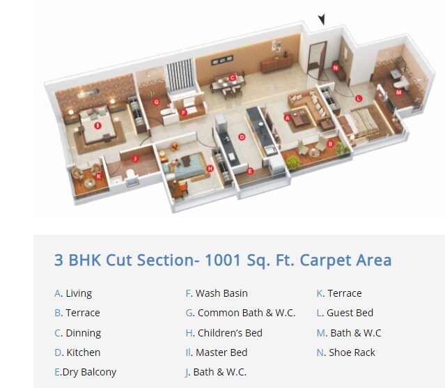 Floor plan of 3 BHK 1001 Sq. Ft. Apartment in Dream Metropark County, Pune
