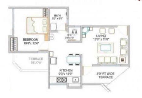 Floor plan of 1 BHK 319 Sq. Ft. Apartment in Dreams Aakruti, Pune