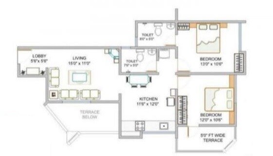 Floor plan of 2 BHK 513 Sq. Ft. Apartment in Dreams Aakruti, Pune
