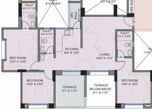 Floor plan of 3 BHK 756 Sq. Ft. Apartment in Dreams Belle Vue, Pune