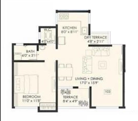 Floor plan of 1 BHK 397 Sq. Ft. Apartment in Dreams Rachana, Pune
