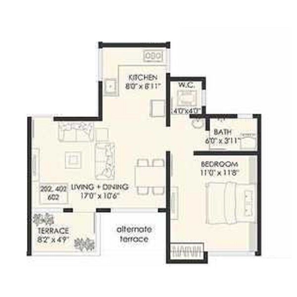 Floor plan of 1 BHK 407 Sq. Ft. Apartment in Dreams Rachana, Pune