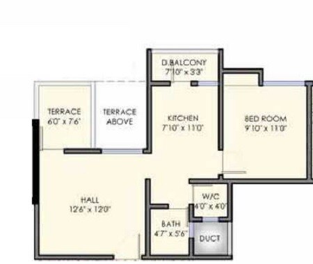 Floor plan of 1 BHK 416 Sq. Ft. Apartment in Dreams Ragini, Pune