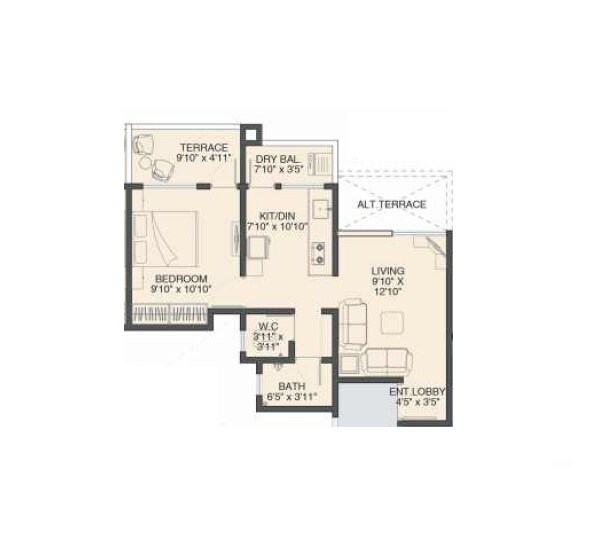 Floor plan of 1 BHK 353 Sq. Ft. Apartment in Dreams Wisteria, Pune