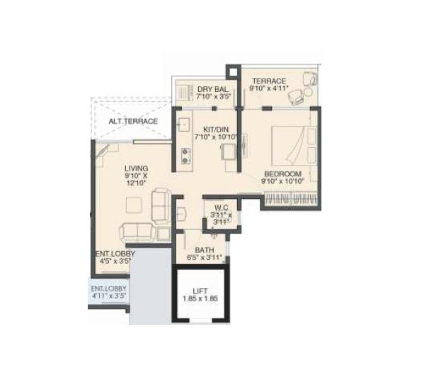 Floor plan of 1 BHK 424 Sq. Ft. Apartment in Dreams Wisteria, Pune