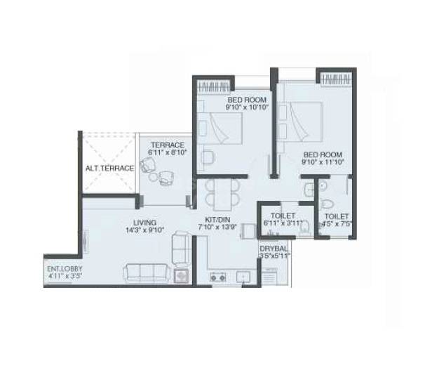 Floor plan of 2 BHK 536 Sq. Ft. Apartment in Dreams Wisteria, Pune