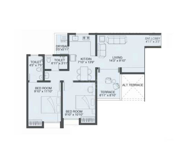 Floor plan of 2 BHK 562 Sq. Ft. Apartment in Dreams Wisteria, Pune