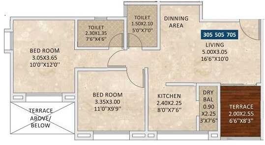 Floor plan of 2 BHK 907 Sq. Ft. Apartment in DS Atulya Nirman, Pune