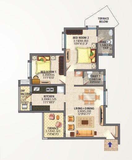 Floor plan of 2 BHK 601 Sq. Ft. Apartment in DSK Aanandghan, Pune