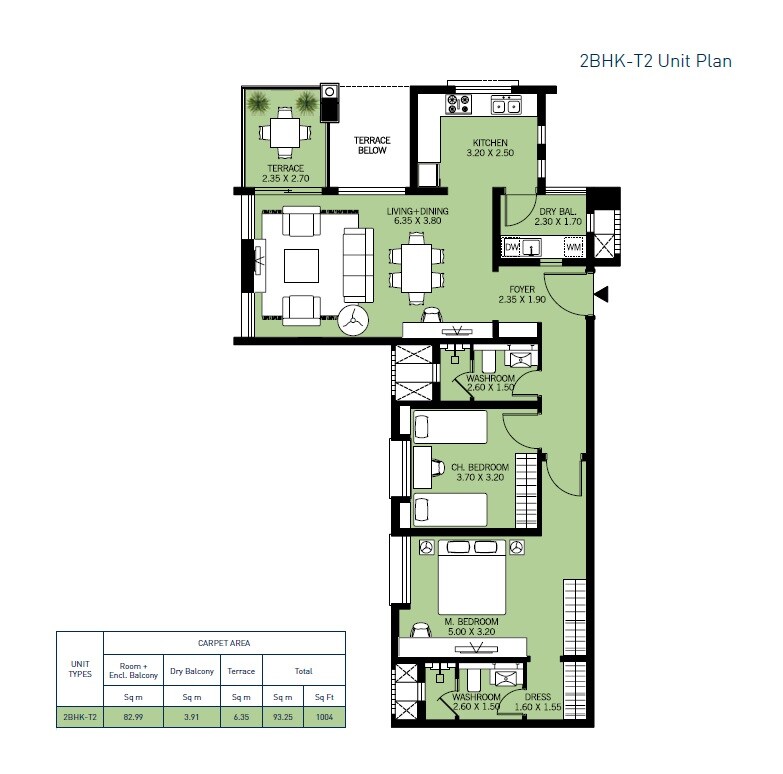 Floor plan of 2 BHK 1004 Sq. Ft. Apartment in DSK Dream City Waterfall Residence, Pune