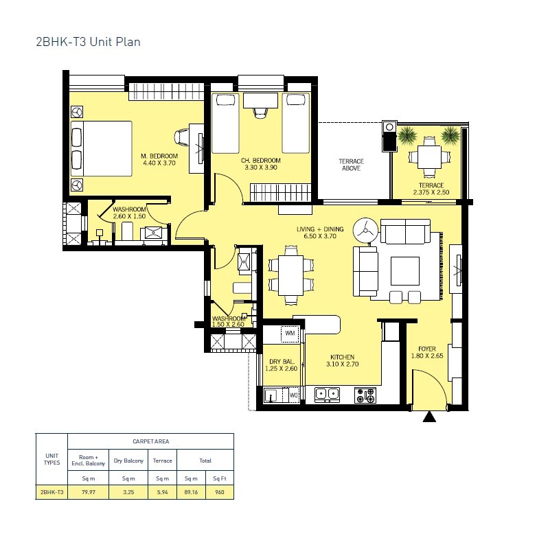 Floor plan of 2 BHK 960 Sq. Ft. Apartment in DSK Dream City Waterfall Residence, Pune