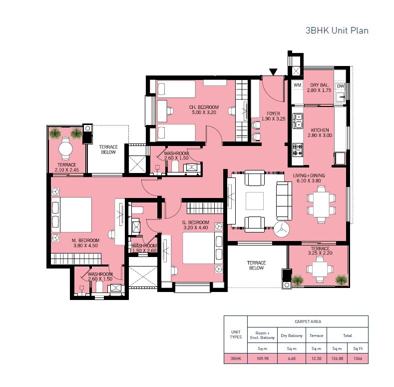 Floor plan of 3 BHK 1366 Sq. Ft. Apartment in DSK Dream City Waterfall Residence, Pune