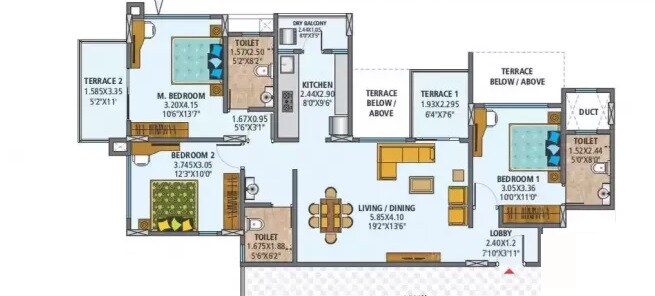 Floor plan of 3 BHK 1065 Sq. Ft. Apartment in DSK Nabhangan, Pune