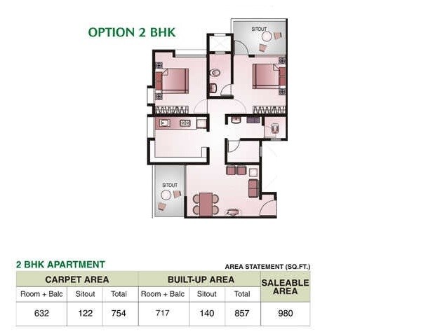 Floor plan of 2 BHK 980 Sq. Ft. Apartment in DSK Sundarban, Pune
