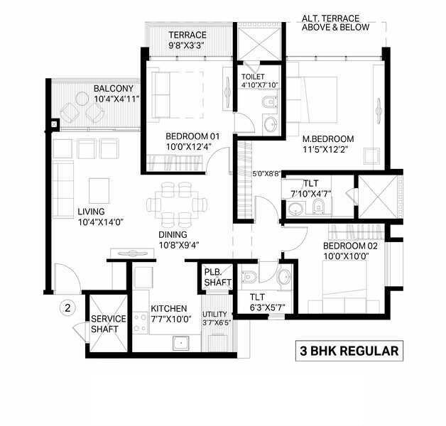 Floor plan of 3 BHK 1400 Sq. Ft. Apartment in Duville Riverdale, Pune