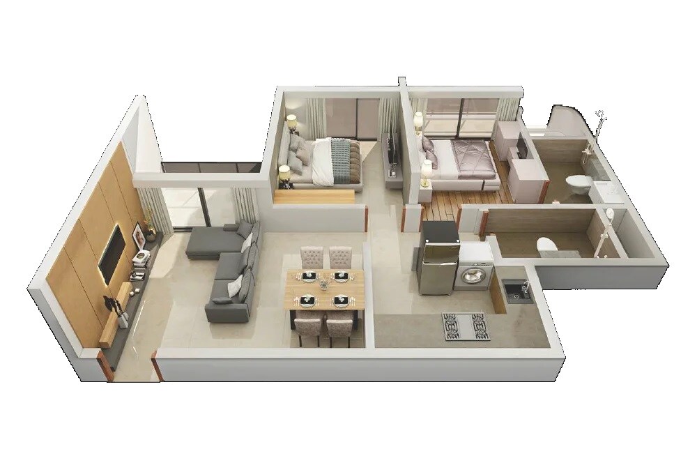 Floor plan of 2 BHK 593 Sq. Ft. Apartment in Duville Riverdale Grove, Pune