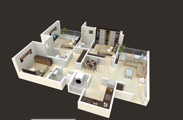 Floor plan of 3 BHK 1065 Sq. Ft. Apartment in Duville Riverdale Residences, Pune