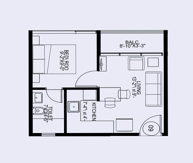 Floor plan of 1 BHK 304 Sq. Ft. Apartment in Duville Riverdale Suites, Pune