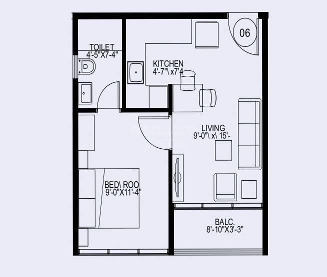 Floor plan of 1 BHK 367 Sq. Ft. Apartment in Duville Riverdale Suites, Pune