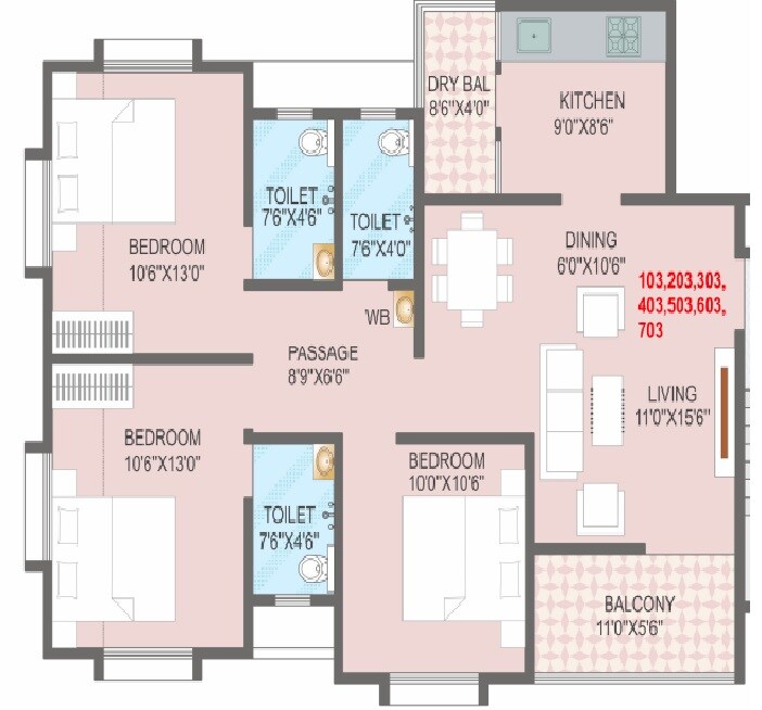 Floor plan of 3 BHK 993 Sq. Ft. Apartment in DVM Sanjog Residency, Pune