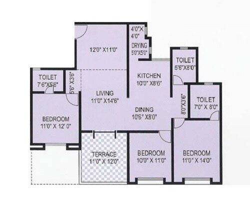 Floor plan of 3 BHK Apartment - 1450 sq. ft. in Dwarka Lords, Pune