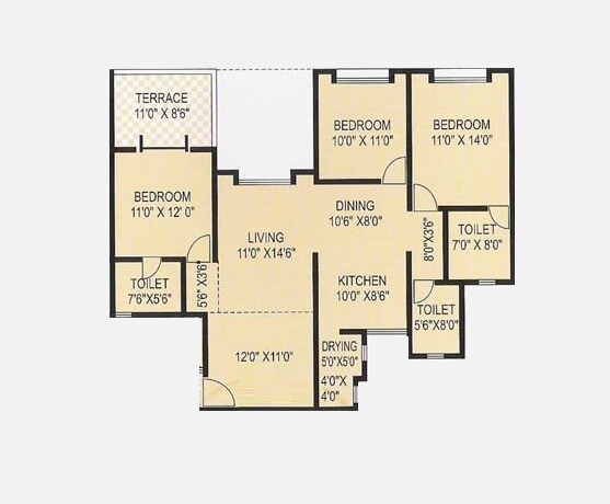 Floor plan of 3 BHK Apartment - 1650 sq. ft. in Dwarka Lords, Pune