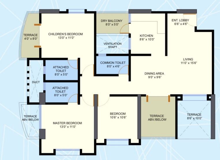 Floor plan of 3 BHK 1002 Sq. Ft. Apartment in Dynamic Grandeur, Pune