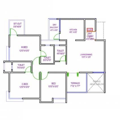 Floor plan of 3 BHK 878 Sq. Ft. Apartment in Dynamic Grandeur, Pune