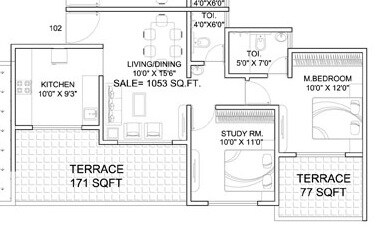 Floor plan of 2 BHK 555 Sq. Ft. Apartment in Dynamic Linea, Pune