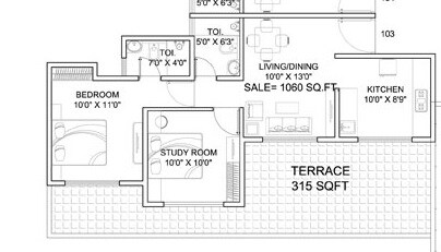Floor plan of 2 BHK 570 Sq. Ft. Apartment in Dynamic Linea, Pune